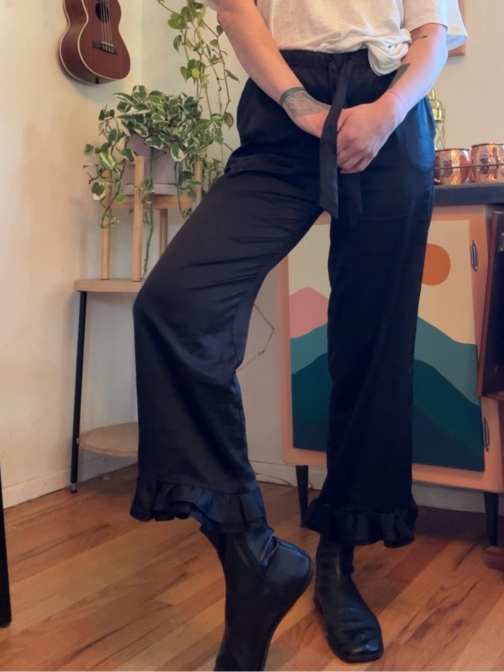 Victoria's Secret Black Satin Wide-Leg Ruffle-Hem Pants